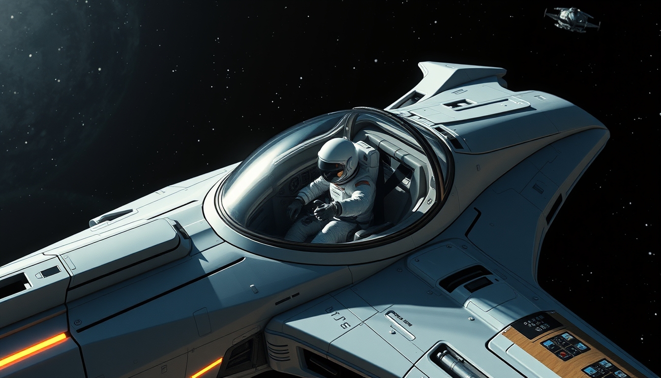 A futuristic spaceship with a glass cockpit, piloted by an astronaut in space.