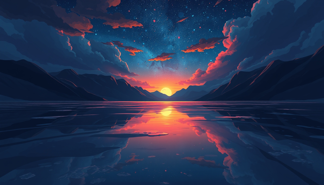 by Alena Aenami, by Mark Schultz, by __photographers__, tranquil, peaceful, serene, calm, (what lies behind the darkness:1.4), cartoon, highly detailed and hyper surrealistic, perfect composition, harmonic colors, dramatic lighting, low angle panoramic view, tilted horizon