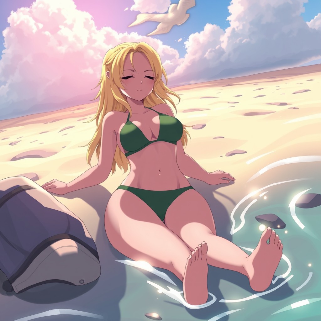 Konoha's Tsunade sunbathing on the beach.