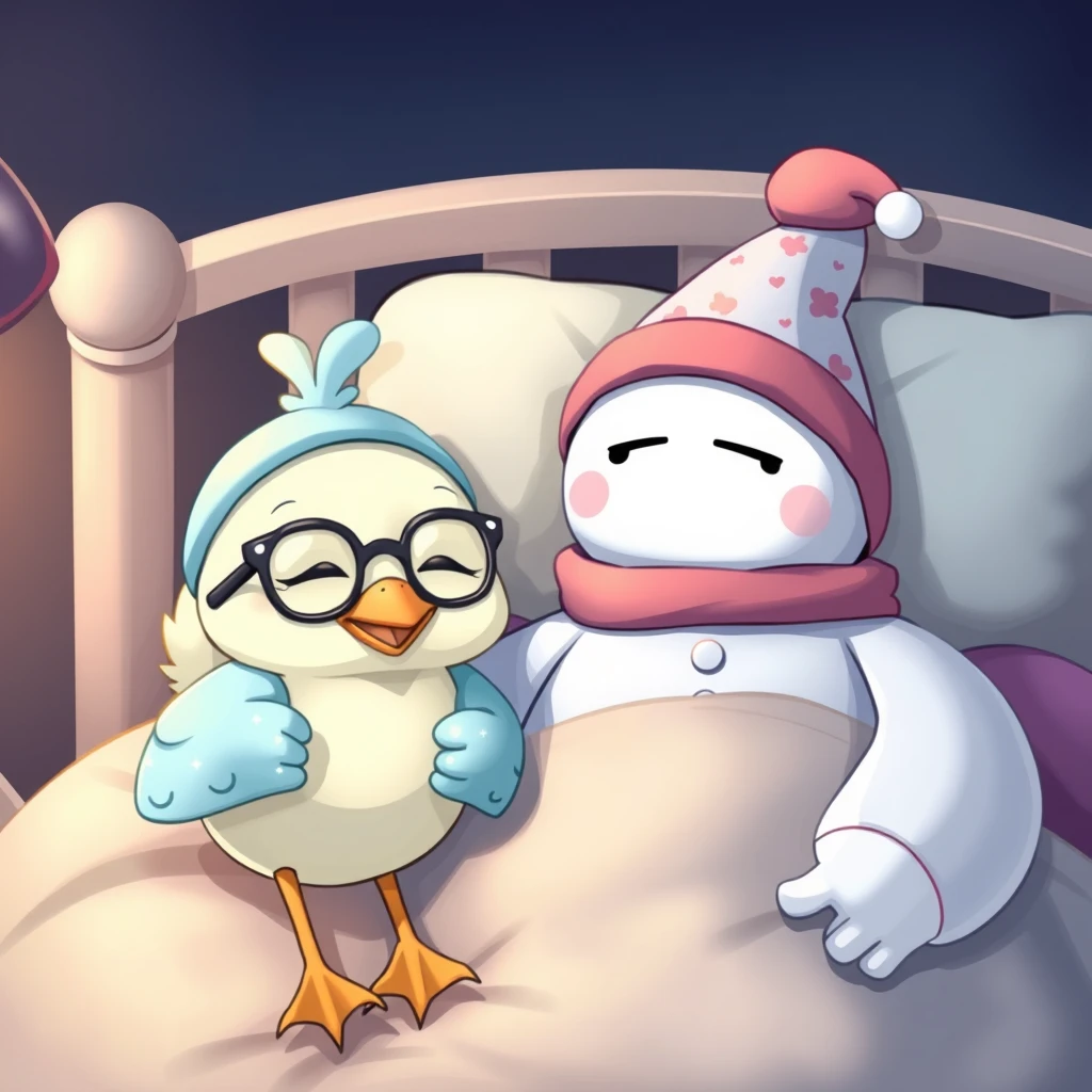 Sweet little and tender Kawaii birdie with glasses, a hat, and pajamas next to Baymax, who is wearing a beautiful pajamas and a sleepy hat, happily sleeping in its Kawaii little bed.