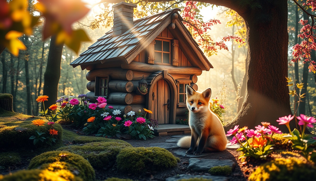 A whimsical fairytale shot of a cute fox sitting in front of a charming, little wooden house nestled in a magical forest. The scene is illuminated by soft morning sun rays filtering through the leaves, casting dappled light on the vibrant, colorful flowers surrounding the house. The forest is lush and enchanting, with hints of moss on the ground and tree trunks, creating a serene and inviting atmosphere.