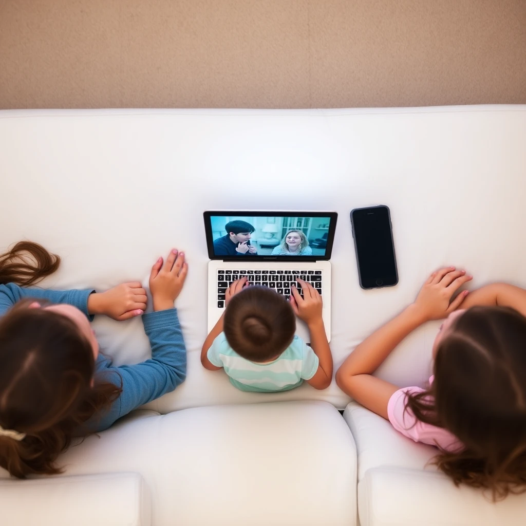 Three girls about ten years old. Watching a movie on a laptop on a white sofa. On their stomachs. top view.