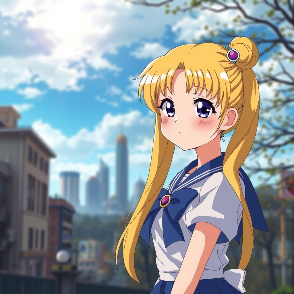 anime a cute school girl from Sailor Moon standing in front of a post-Soviet city landscape in the background. The shot features deep bokeh and a close-up, making it an anime masterpiece.