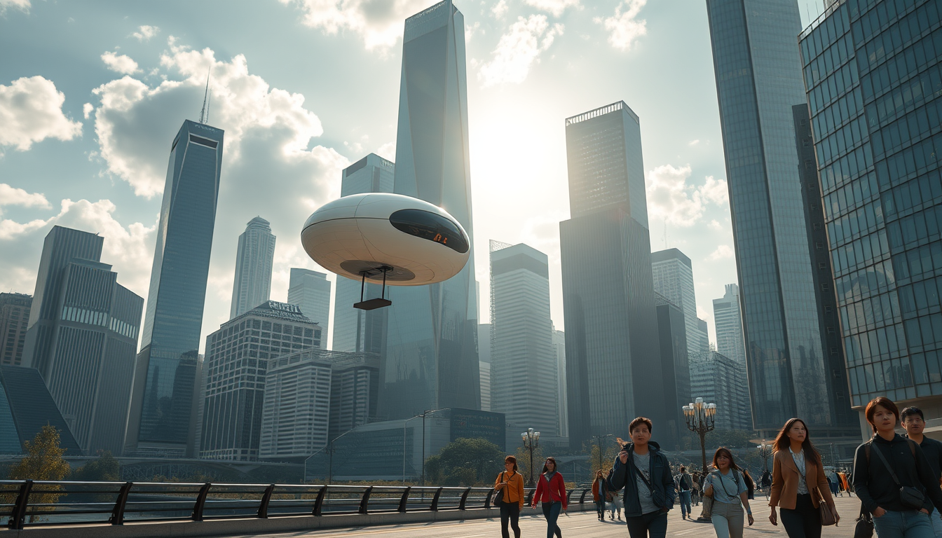 Create a stunning high-resolution image of the city of the future. The skyline should be filled with towering skyscrapers. Include a light-colored oval balloon-type robot flying rapidly through the air with tiny black balancers on either side of the balloon. There are some people walking on the street, Asian faces, wearing fashionable and avant-garde clothes, in a laid-back and pleasant atmosphere. The visual focus of the image highlights small balloon-type robots patrolling the air for safety, very beautiful clouds, and lovely sunlight reflecting off the glass surfaces of buildings, creating an atmosphere of excitement and innovation. Very sharp and realistic details, 32K, flat view.