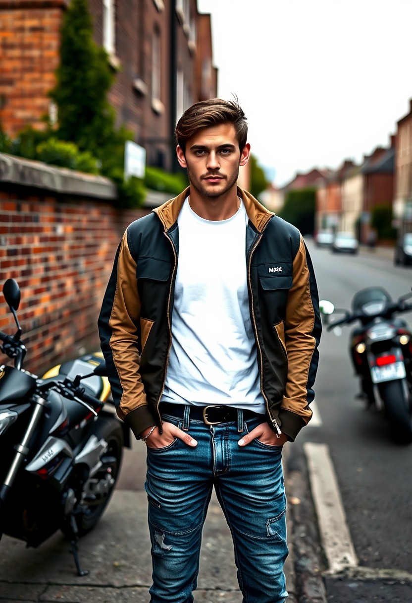 Jamie Dornan head and body shot, handsome, young, serious face, dark brown haired, white T-shirt, collage jacket, skinny jeans, sneakers, standing in hot style, near town road, on superbike, hyper-realistic, street photography, brick wall, full body photo.