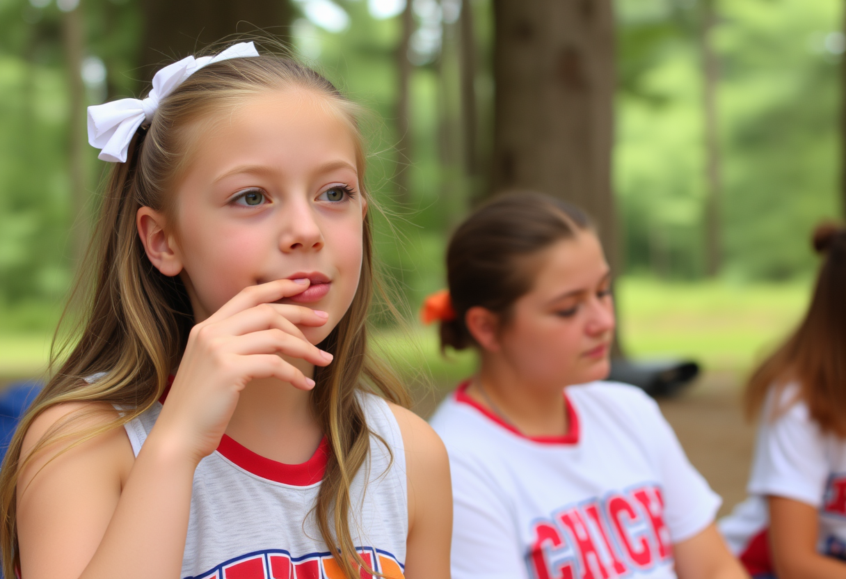 A girl at cheer camp bites her lip and soothes herself as she realizes she has a huge crush on her counselor after seeing her changing in the counselor's lodge. - Image