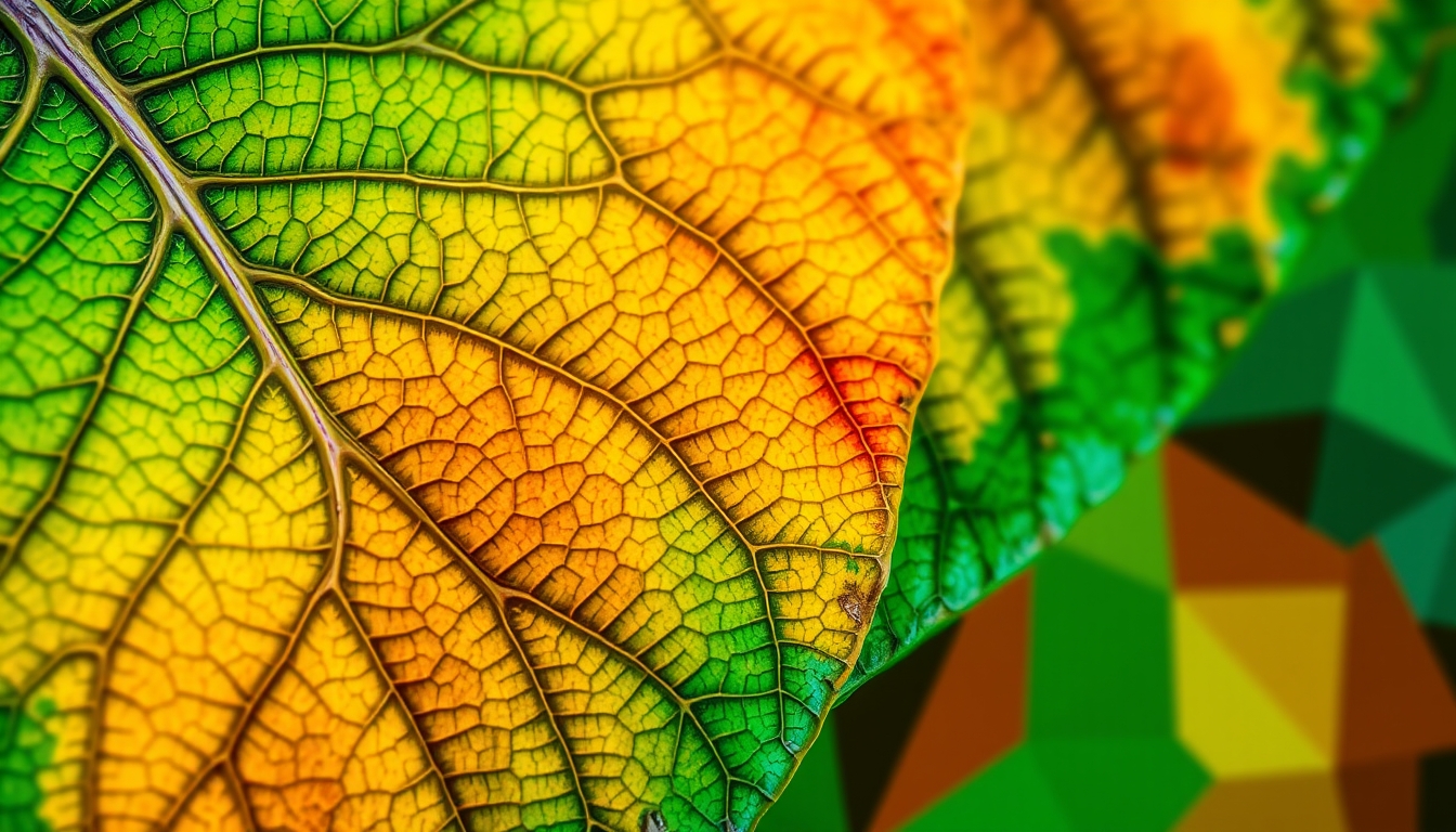 A close-up of a leaf with intricate details, transformed into an abstract digital pattern with vibrant colors and bold shapes.