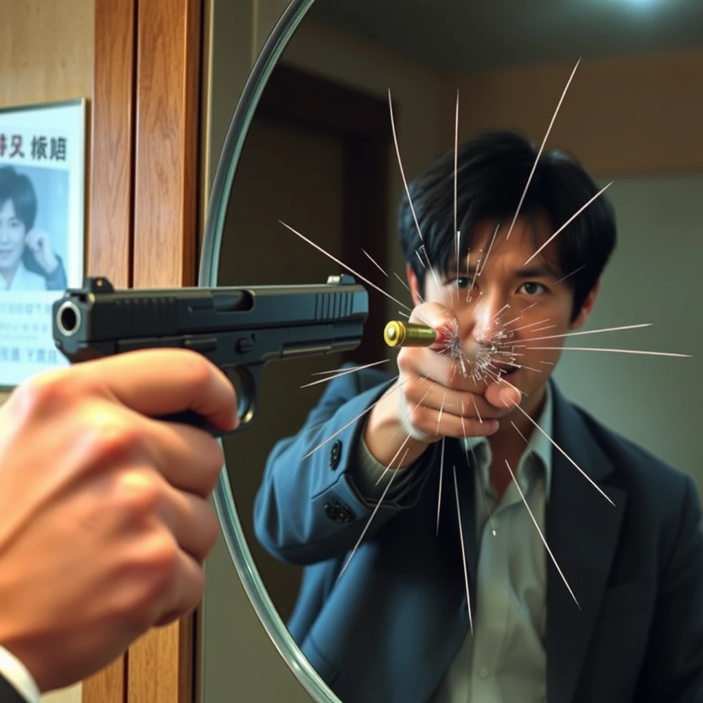 A Japanese man holding a handgun is looking in a large mirror. He fired the gun, and the mirror was hit by a bullet, leaving cracks.