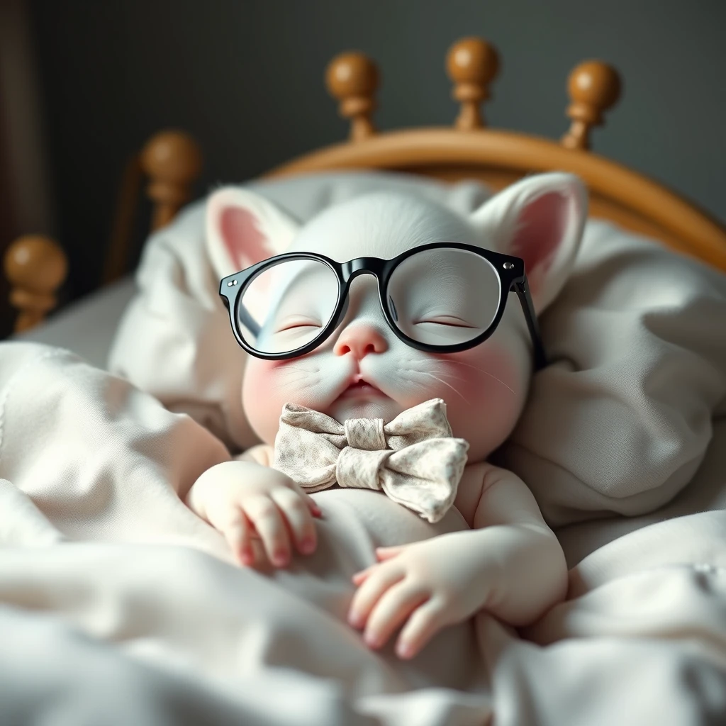 Sweet little bowtie wearing glasses sleeping in its little bed. - Image