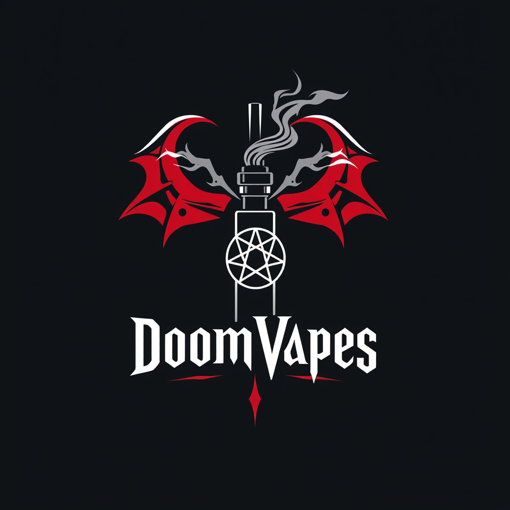 Sleek, minimalist logo for DoomVapes: stylized vape pen intertwined with demonic horns, emitting wispy smoke forming a subtle pentagram. Crimson and obsidian color scheme. Sharp, clean lines evoke modern tech and ancient occult symbols. Balanced composition exudes rebellious yet sophisticated atmosphere. - Image