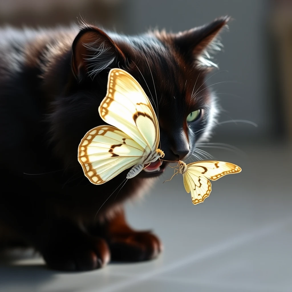 A black cat is catching a white butterfly. - Image