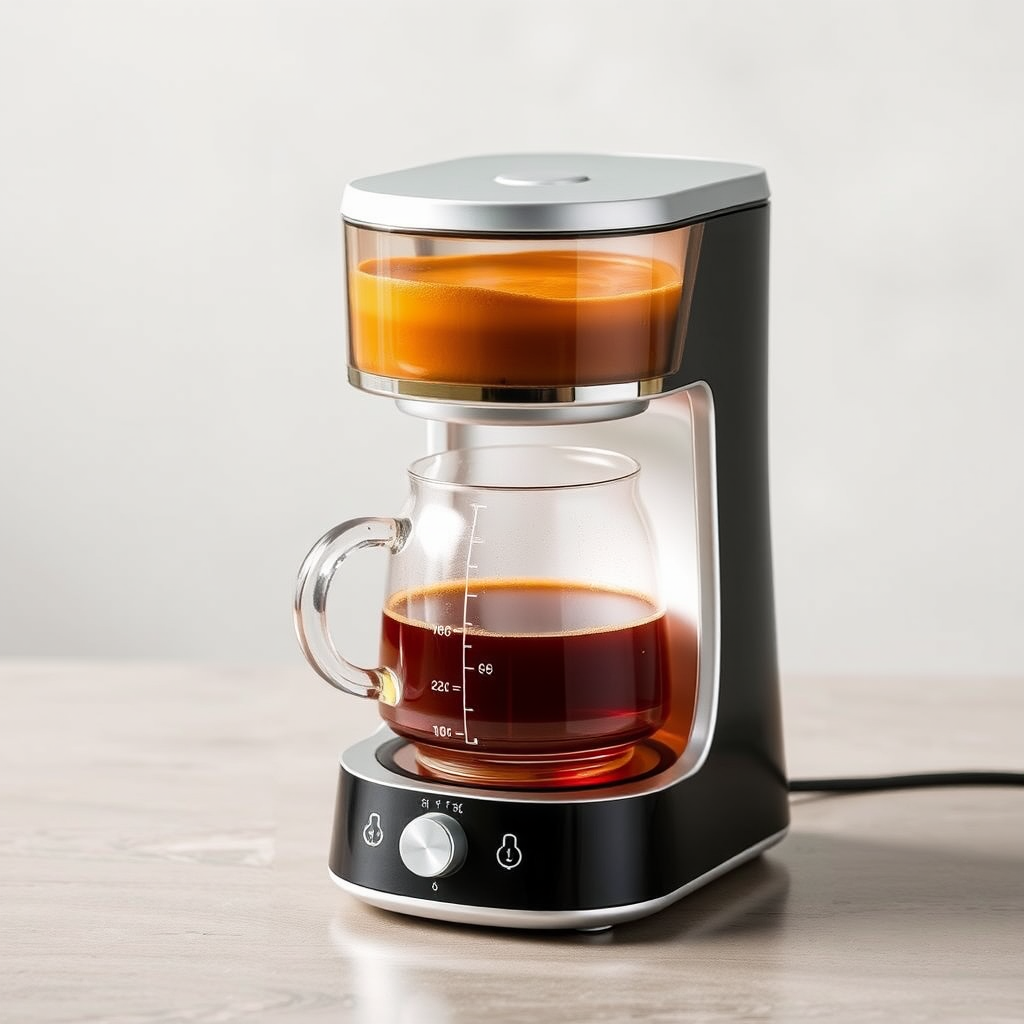 Sleek and smart-looking tabletop, portable, personal Indian-type tea-making machine with controls for masala flavor customization and milk proportions, boiling to perfection, making the whole process visible with see-through styling.