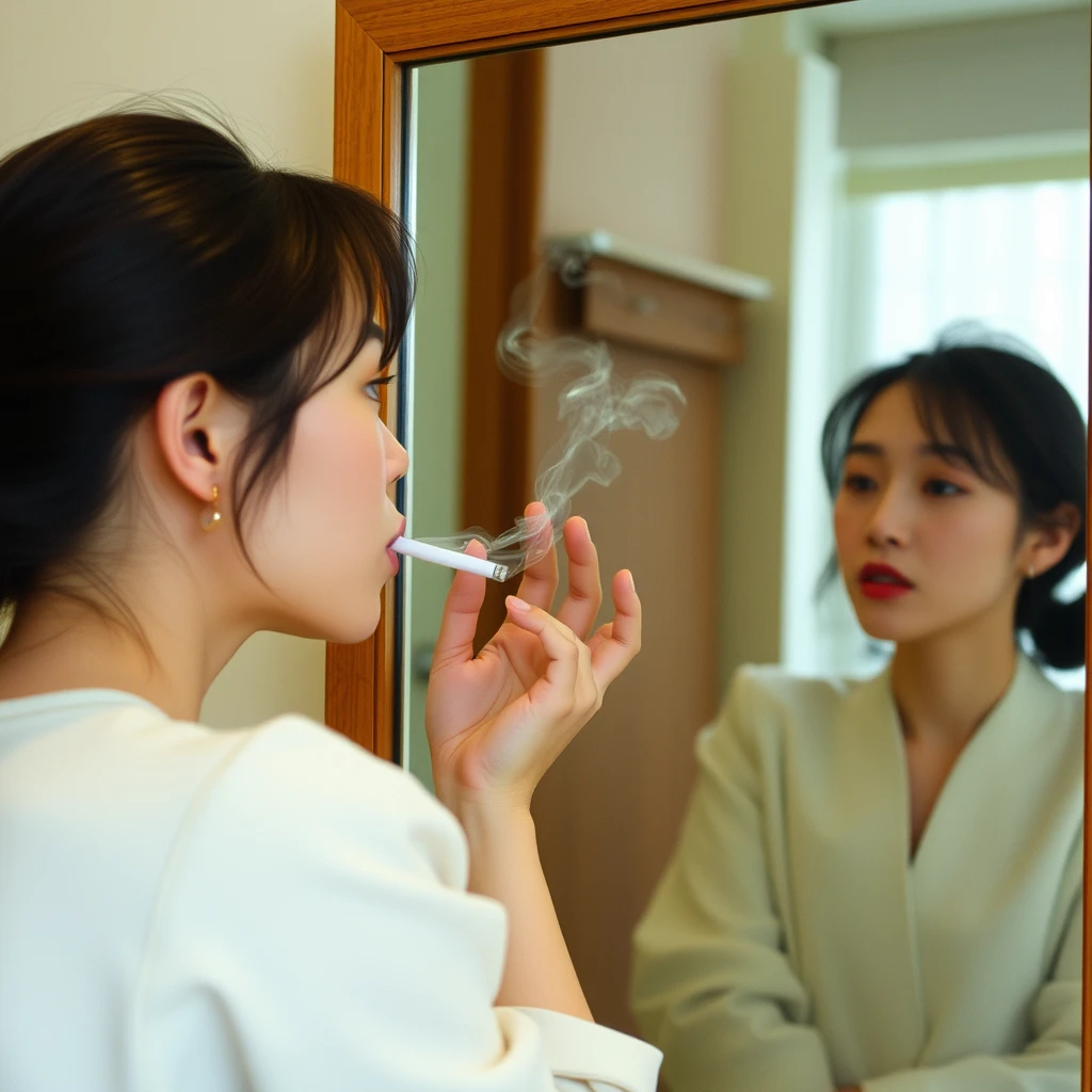 A Korean woman is smoking, looking in the mirror; it is a full-length mirror, and the mirror has cracks.