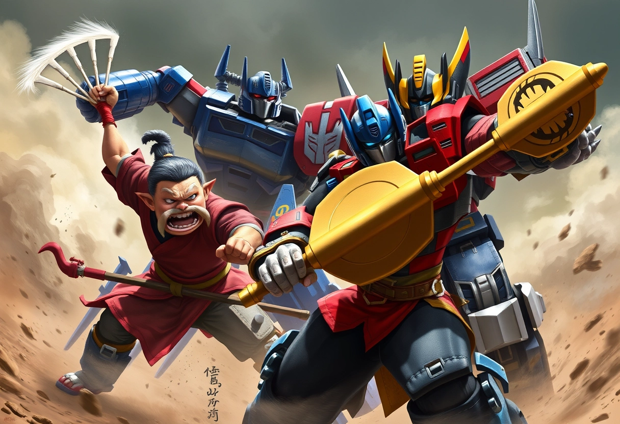 Zhu Bajie is wielding a nine-toothed rake, while Sun Wukong is holding the Golden Cudgel, battling Optimus Prime and Megatron, in a photorealistic style.