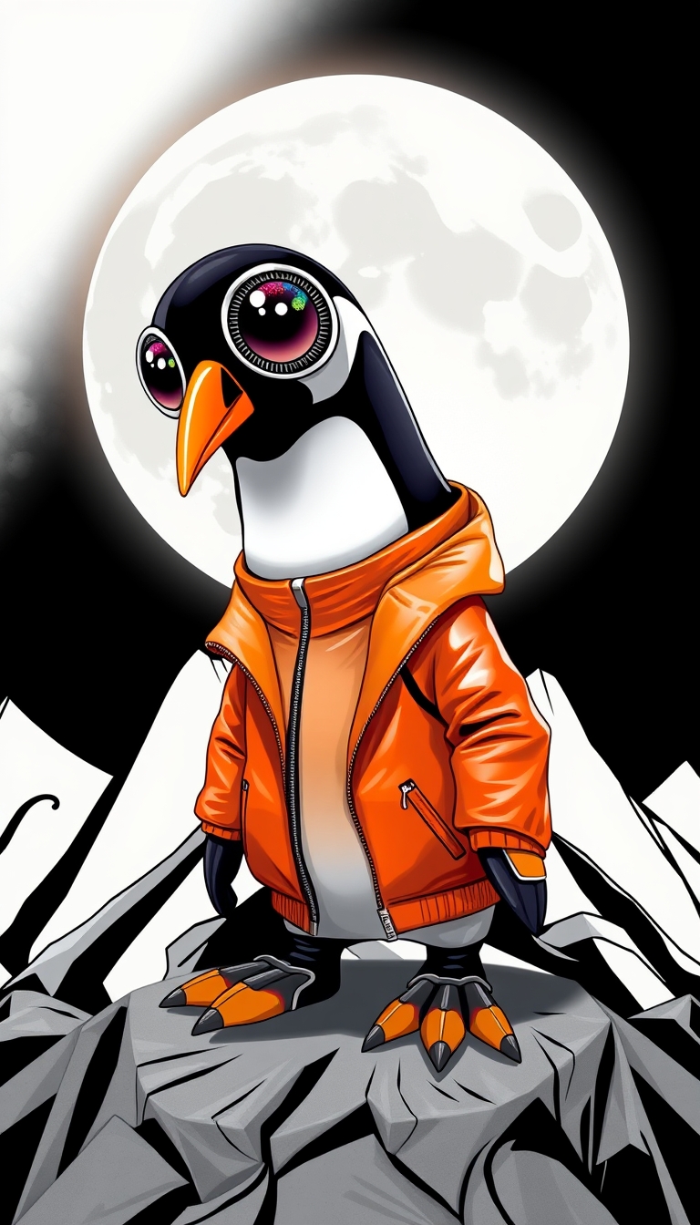 A stylized illustration of a penguin-like character wearing an orange vinyl jacket, set against a stark black and white geometric background with a large full moon. The character has large expressive eyes with colorful patterns around them, and a bold, minimalist and modern design aesthetic. The overall composition has a pop art, retro futuristic feel. Highly detailed, intricate patterns, vibrant colors. Rendered in a 3D, photorealistic style. - Image