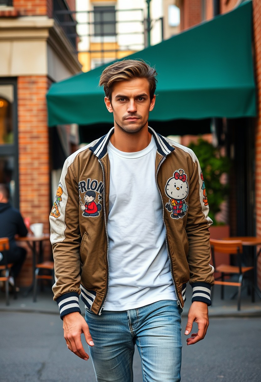 Freddie Prinze head and body shot, handsome, young, serious face, white t-shirt, collage jacket, skinny jeans, sneakers, walking in a hot style, near a cafe, hyper-realistic, street photography, brick wall, full body photo, morning scenery. - Image