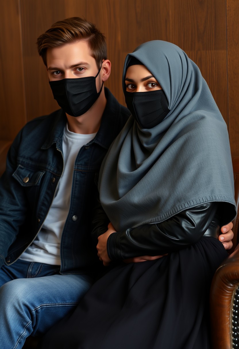 Jamie Dornan's head and body shot, handsome, face mask black, jeans jacket, jeans, dating, love couple, with the biggest gray hijab Muslim girl, beautiful eyes, face mask black, black leather jacket, biggest skirt, hyper-realistic, studio photography, sitting on a classic leather sofa, wooden wall. - Image