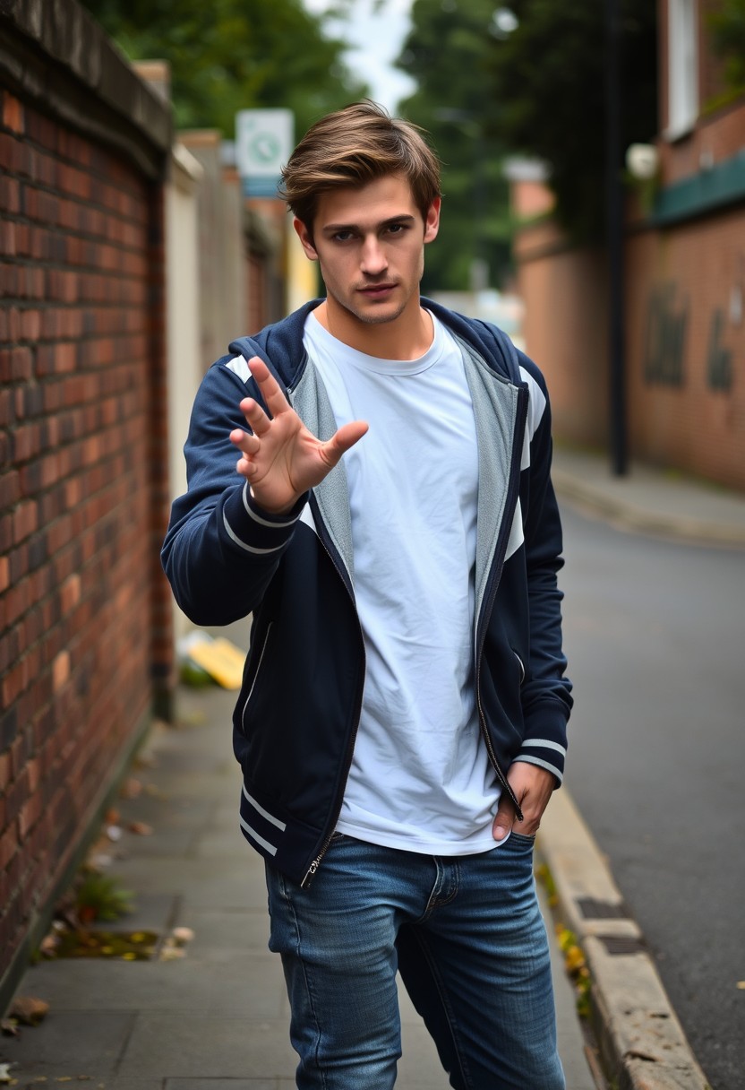 Jamie Dornan head and body shot, handsome, young, serious face, dark brown hair, white T-shirt, collage jacket, skinny jeans, sneakers, standing hot style, flirting face, reaching hand, near town road, hyper-realistic, street photography, brick wall, full body photo.