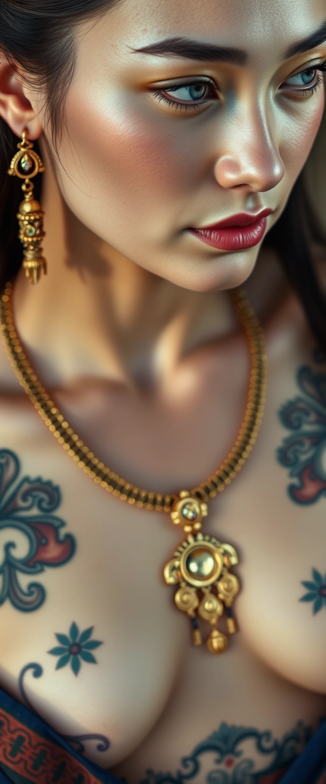 Close-up view of the tattooed chest of a Korean Indian woman with white skin, beautiful facial features, blue eyes, and wearing gold ornaments, looking sideways.