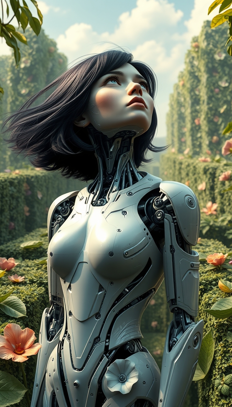 Hyper-realistic depiction of a robot cyborg woman (looking at the sky in wonder, with flowing black short hair, highly detailed) standing in a futuristic British maze labyrinth garden made of leaves and flowers, in Botticelli style, Renaissance, Medici --v 5.2.