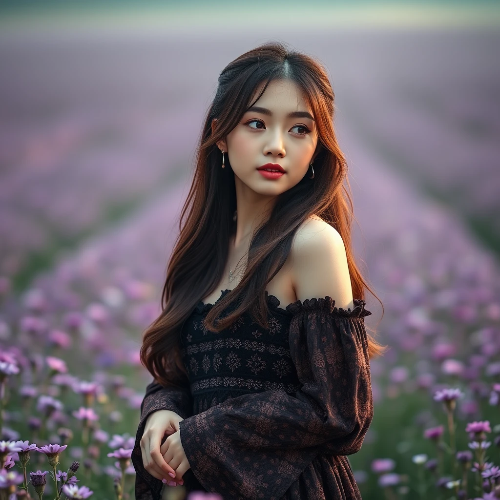 Beautiful Korean girl, 20 years old, she is looking forward, full body shot, drone shot, purple flower field, mystical, beautiful, Korean, KPOP, mystical, high definition, cool, atmosphere, bright.