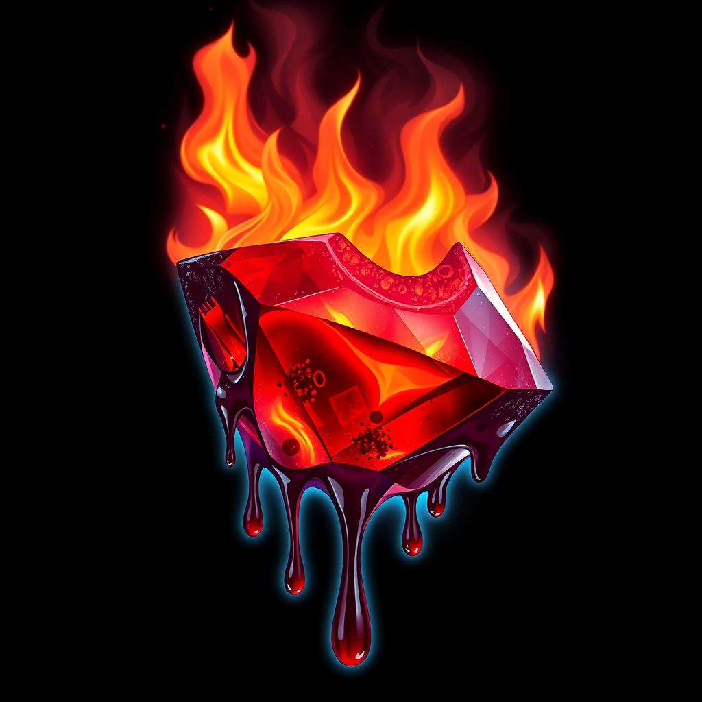 A tee shirt design of a beautiful ruby on fire with beautiful liquid red ruby dripping with flames. The ruby has black char all over it and subtle colorful embers burning in the ruby. Inside of the ruby should be reminiscent of beautiful galaxies perfectly blended with chaos. Striking and otherworldly on a transparent background, the flames should have an outline of a beautiful blue ethereal glow.