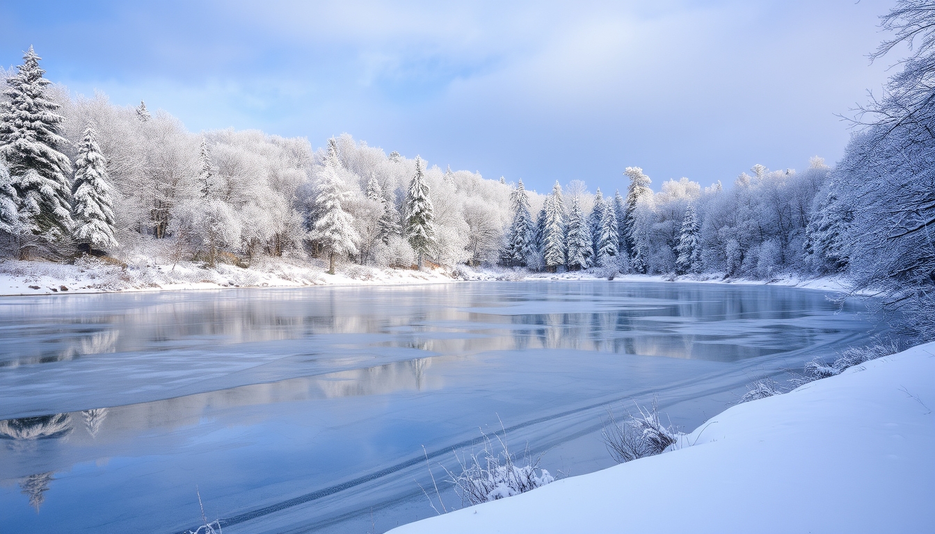 A picturesque winter scene with a glassy frozen lake surrounded by snow-covered trees.