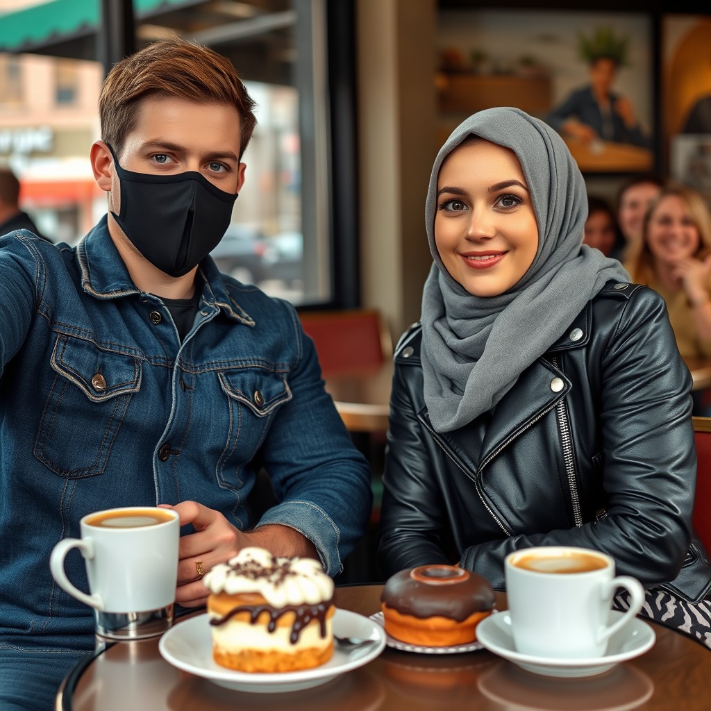 Jamie Dornan's head and body shot, handsome, black face mask, blue jeans jacket, jeans, dating a Muslim girl in a grey hijab with beautiful eyes, black face mask, black leather jacket, wearing the biggest zebra pattern skirt, at a cafe with 2 cups of latte, a muffin cake, and a chocolate donut on a table, with another 3 friends smiling in the background, photorealistic, hyper-realistic, street photography, selfie.