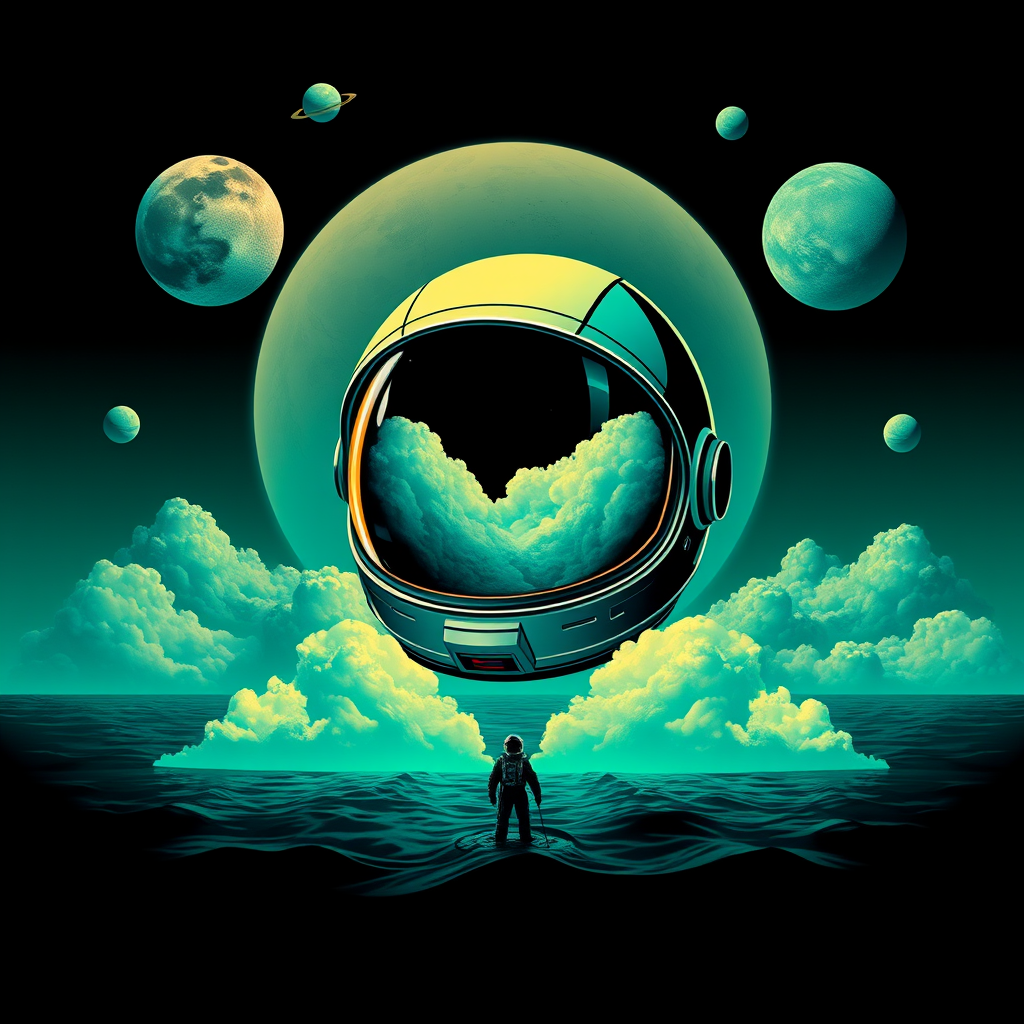 a space helmet with clouds and planets in the background, outrun color palette, colored album art, black canvas, dark teal, daft punk, astronaut in the ocean, sinister background, cd cover artwork