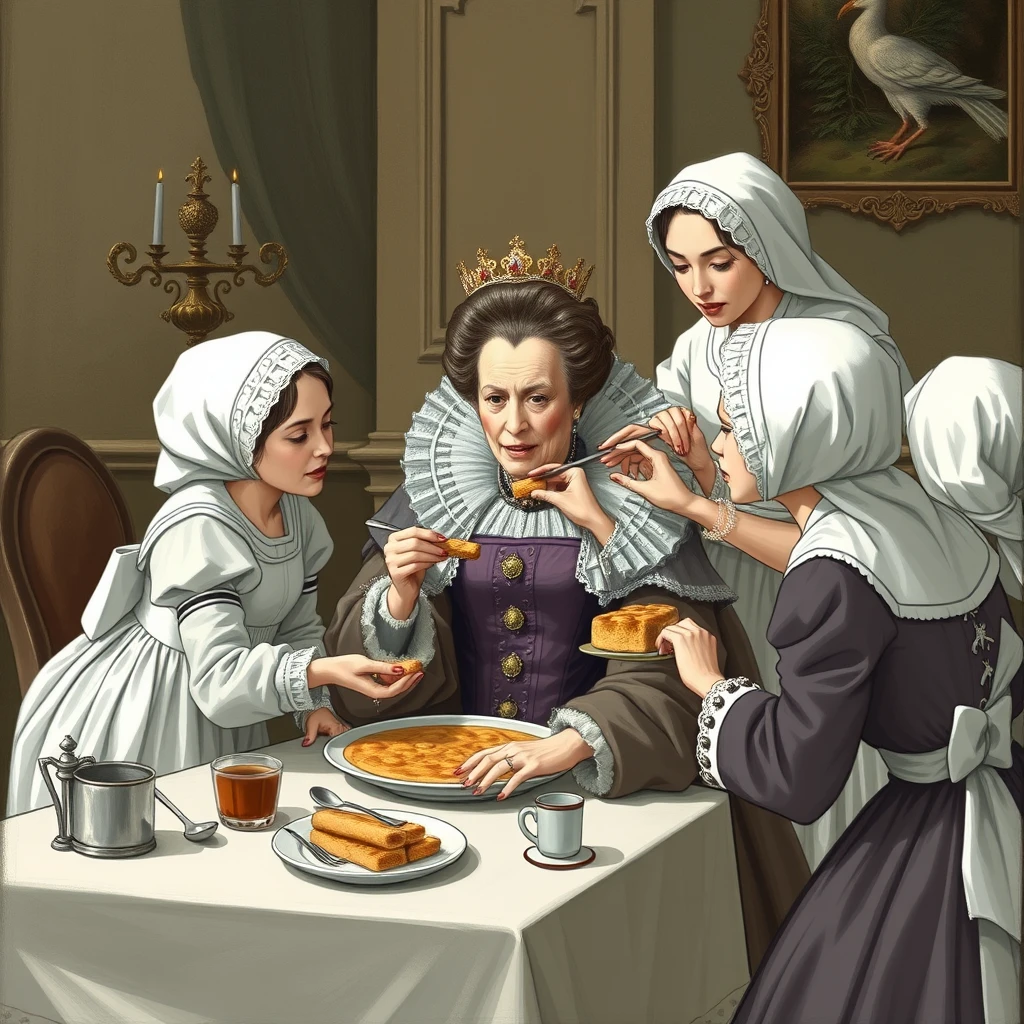 The queen is too lazy to lift a finger while eating, so she has several maids feeding her, one bite on the left, one bite on the right.