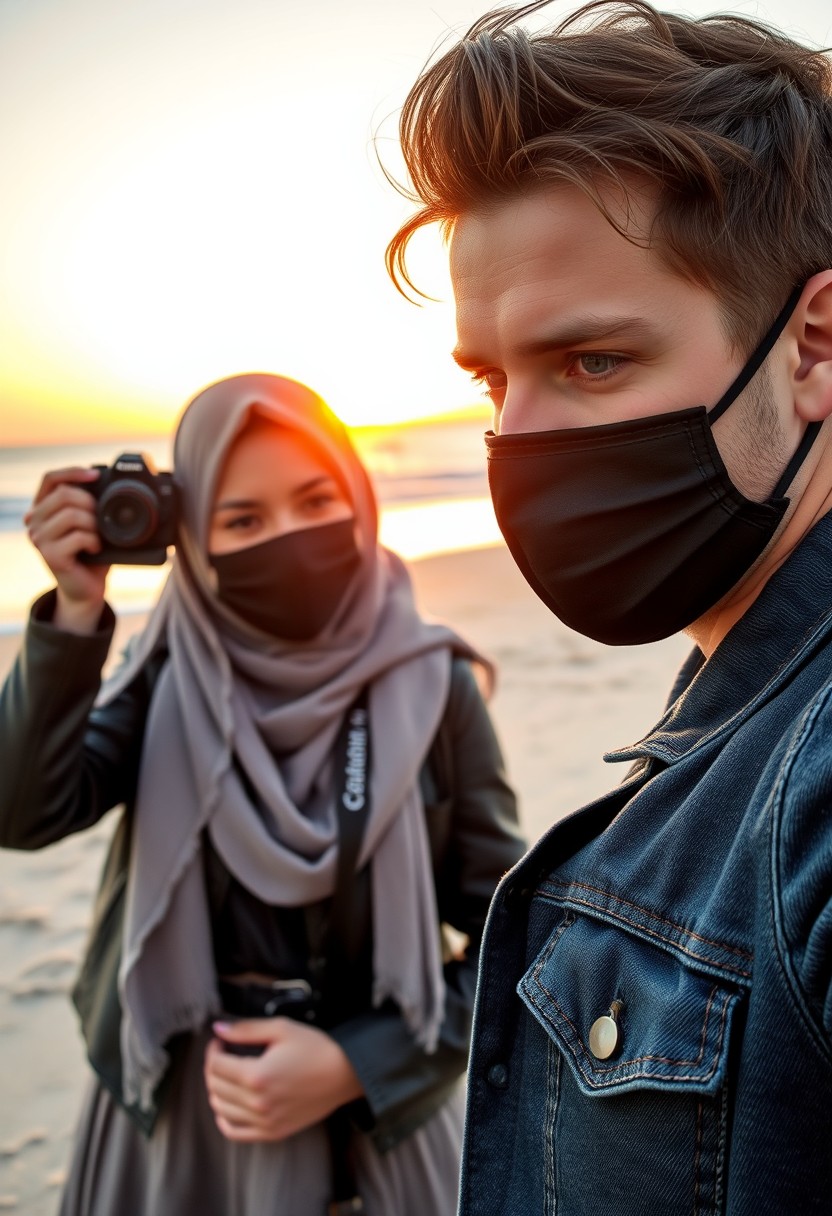 Jamie Dornan's head and body shot, handsome, face mask black, jeans jacket, jeans, dating, love couple, with the biggest grey hijab Muslim girl, face mask black, beautiful eyes, black leather jacket, biggest skirt, taking photo at the beach, camera DSLR Canon, sunrise, hyper realistic, street photography, selfie.