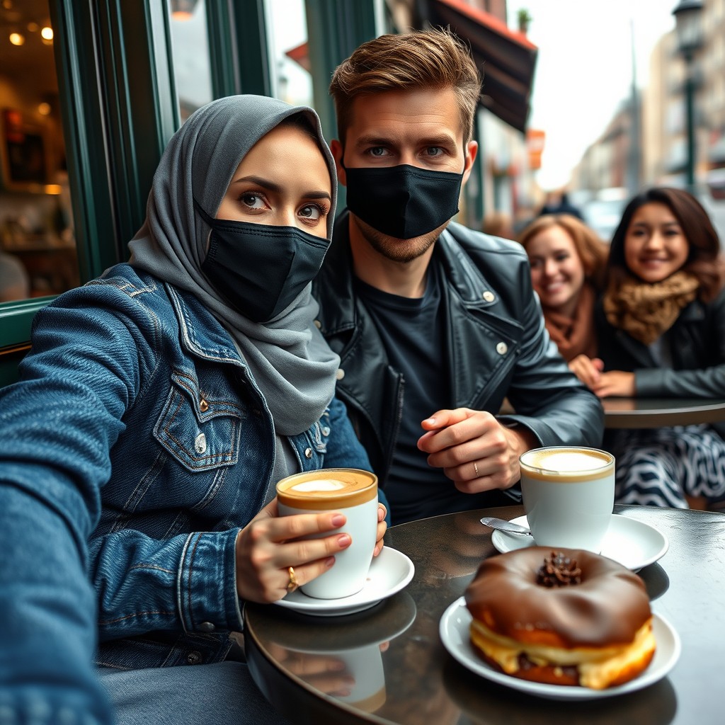 Jamie Dornan's head and body shot, handsome, black face mask, blue jeans jacket, jeans, dating a Muslim girl in a grey hijab with beautiful eyes, black face mask, black leather jacket, wearing the biggest zebra pattern skirt, at a cafe, with 2 cups of latte, muffin cake, and a chocolate donut on a table, with another 3 friends smiling in the background, photorealistic, hyper-realistic, street photography, selfie.