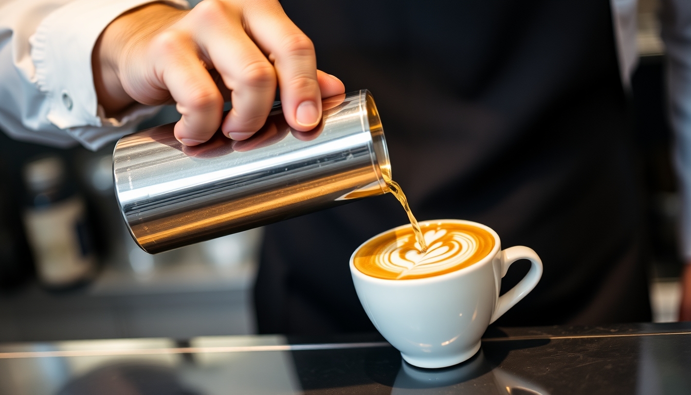 Barista pouring latte art into a coffee cup, highlighting the skill and artistry in coffee making. - Image