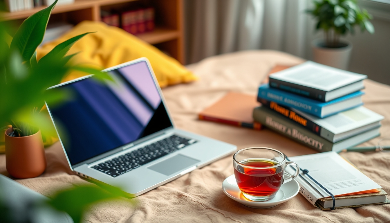 A cozy home study setup with a laptop, textbooks, and a cup of tea, emphasizing the comfort and flexibility of online education. - Image