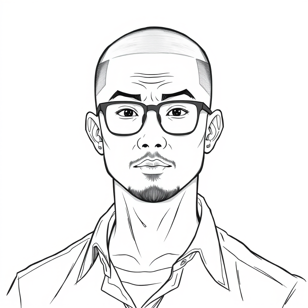 A cool linear drawing of a man around 35 years old, with a crew cut, a sturdy build, Chinese, wearing framed glasses, having a slightly short beard, dressed in a shirt, with a somewhat rogue charm, and a face that has defined contours and fullness.