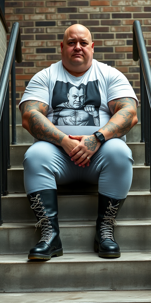 Prompt: a portrait-style photograph featuring an extremely huge 50-year-old muscular, beefy, stocky, chubby, fat, obese male skinhead sitting on a set of concrete stairs. He has a bald head, light skin, and is wearing a white t-shirt with a black and white graphic print of a person on it. His huge muscular arms are heavily tattooed with intricate designs. He is also wearing tight bleached denim trousers that highlight his huge, muscular legs and black knee-high Dr. Martens boots with white laces. The background consists of a brick wall and metal handrails on either side of the stairs. The overall setting appears to be industrial. - Image