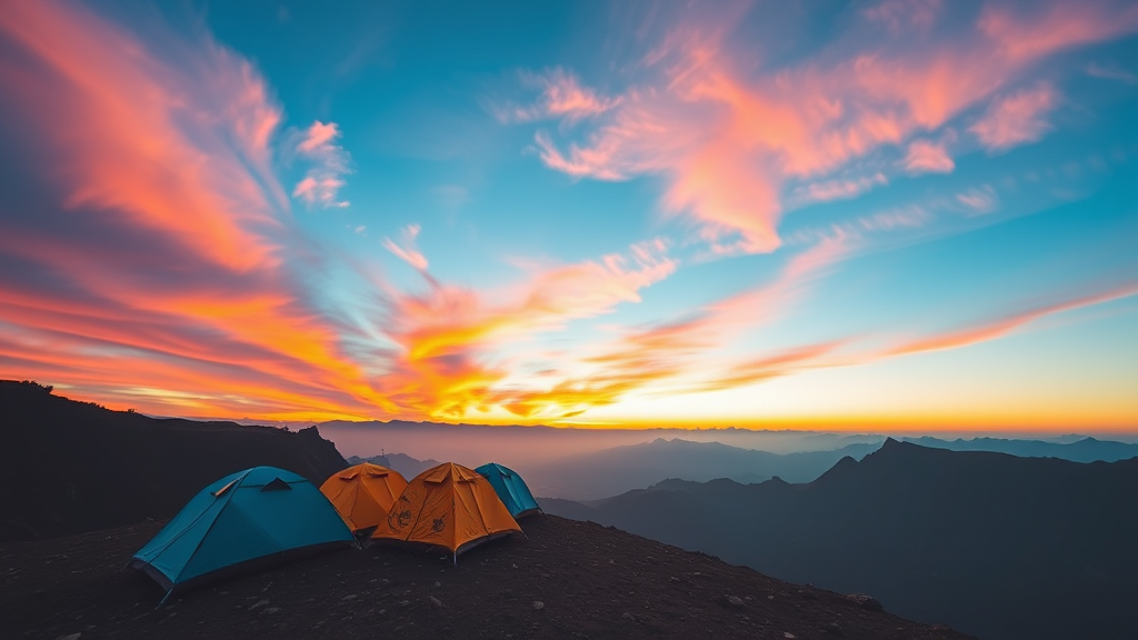 tents on a mountain in the middle of, Rudy Siswanto, art photography, flickr contest winner, tents, vibrant sunrise, at sunrise, trending on 500px, trending on 5 0 0 px, during dawn - Image