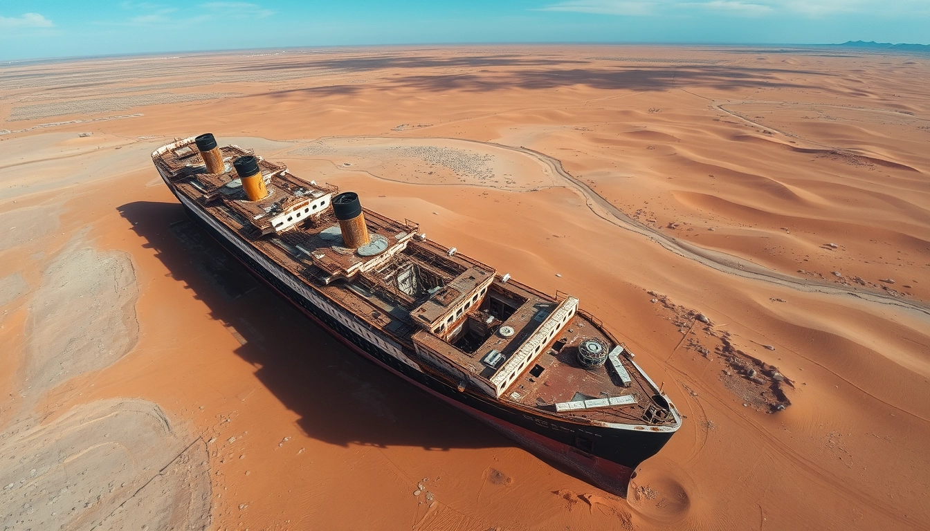 From a high altitude, looking straight down, the Titanic is tilted in the desert, long abandoned and rusted.