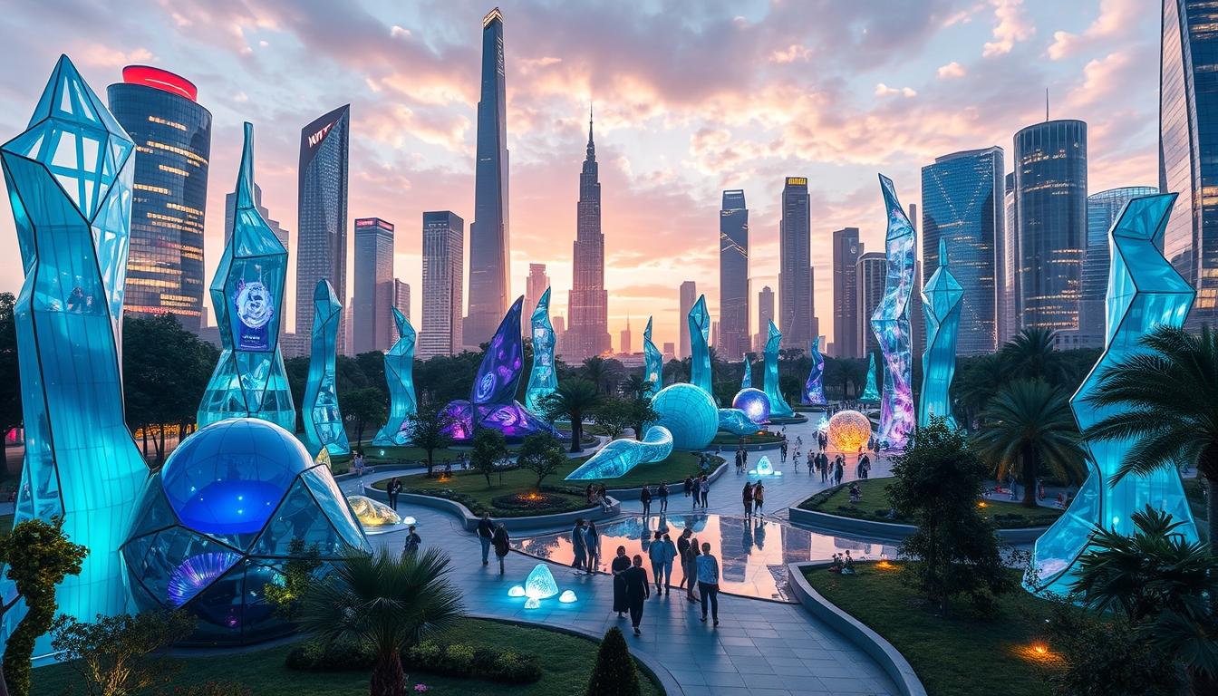 A futuristic city park with glass sculptures and interactive installations. - Image