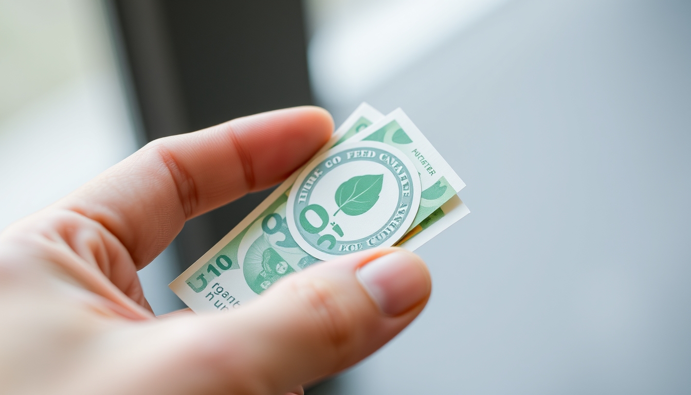 Hand holding digital eco-currency, symbolizing green finance.