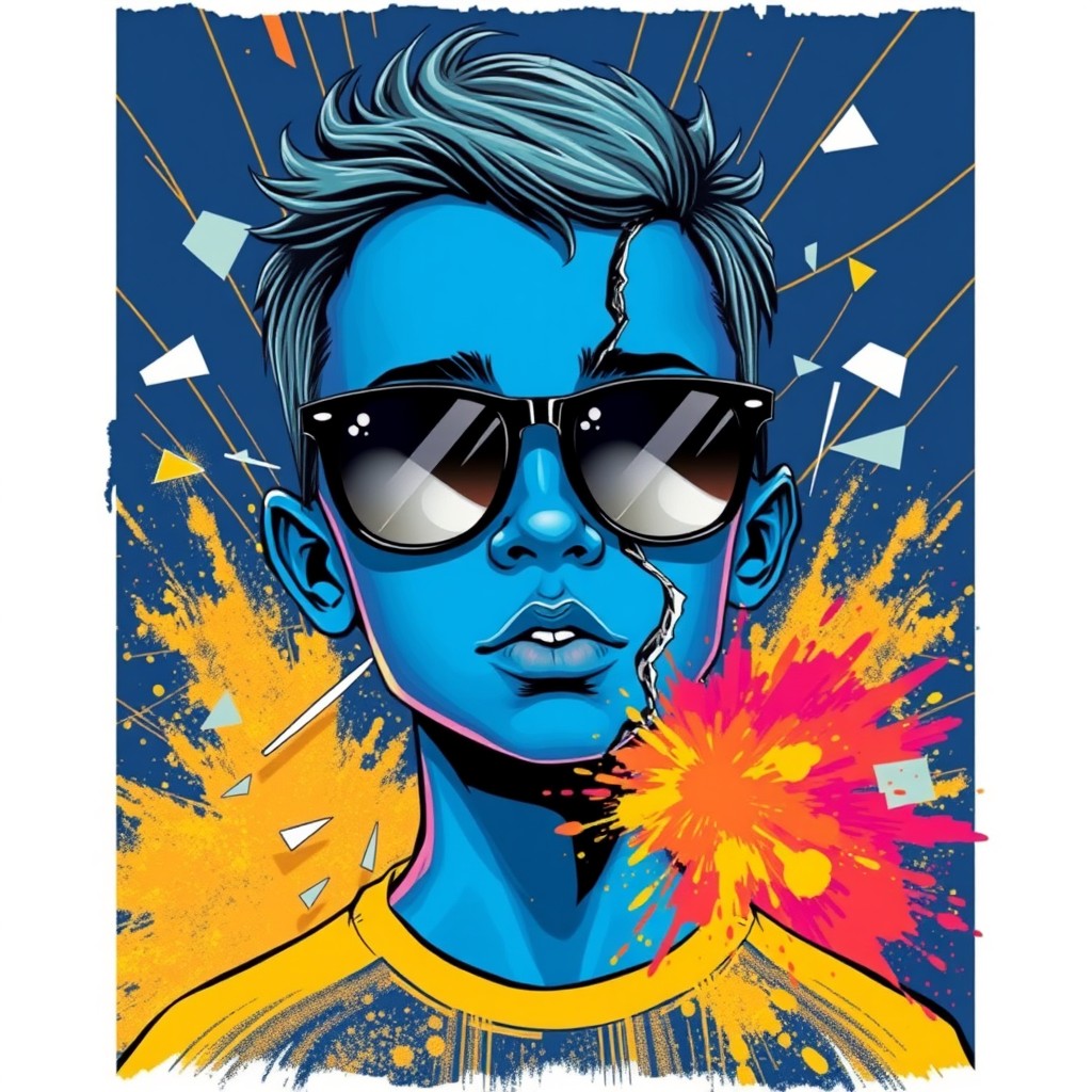 A boy with blue skin and an abstract broken face, wearing sunglasses, surrounded by glass breakage and gold lines on a dark blue background, with a colorful explosion from the spillage of powder. Illustration style, Andy Warhol style, Picasso style.