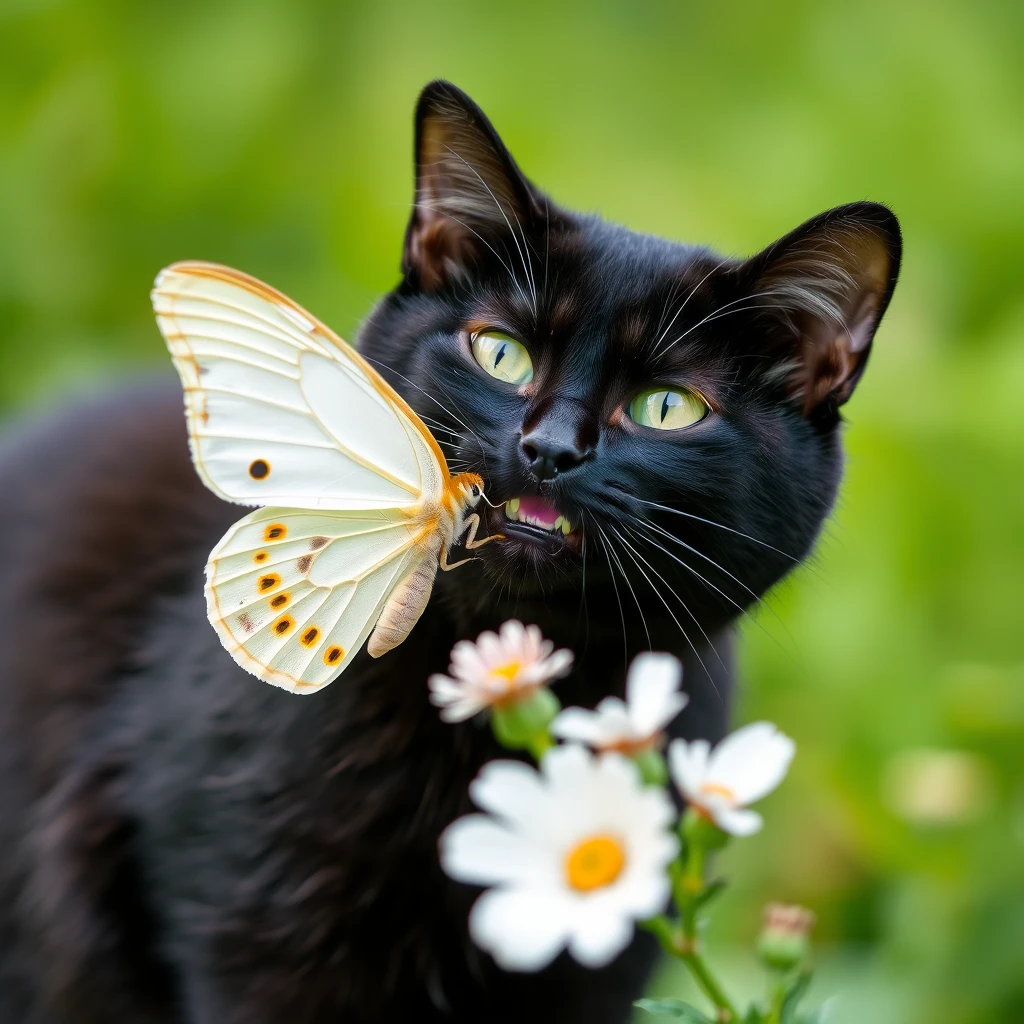 A black cat is catching a white butterfly.