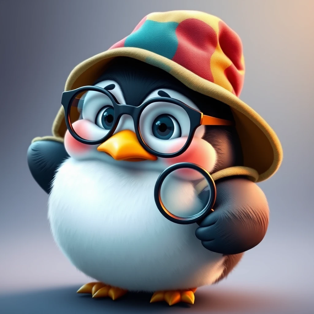 A plump little penguin with glasses, a worried expression, colorful clothing, a magnifying glass, and a detective hat. - Image