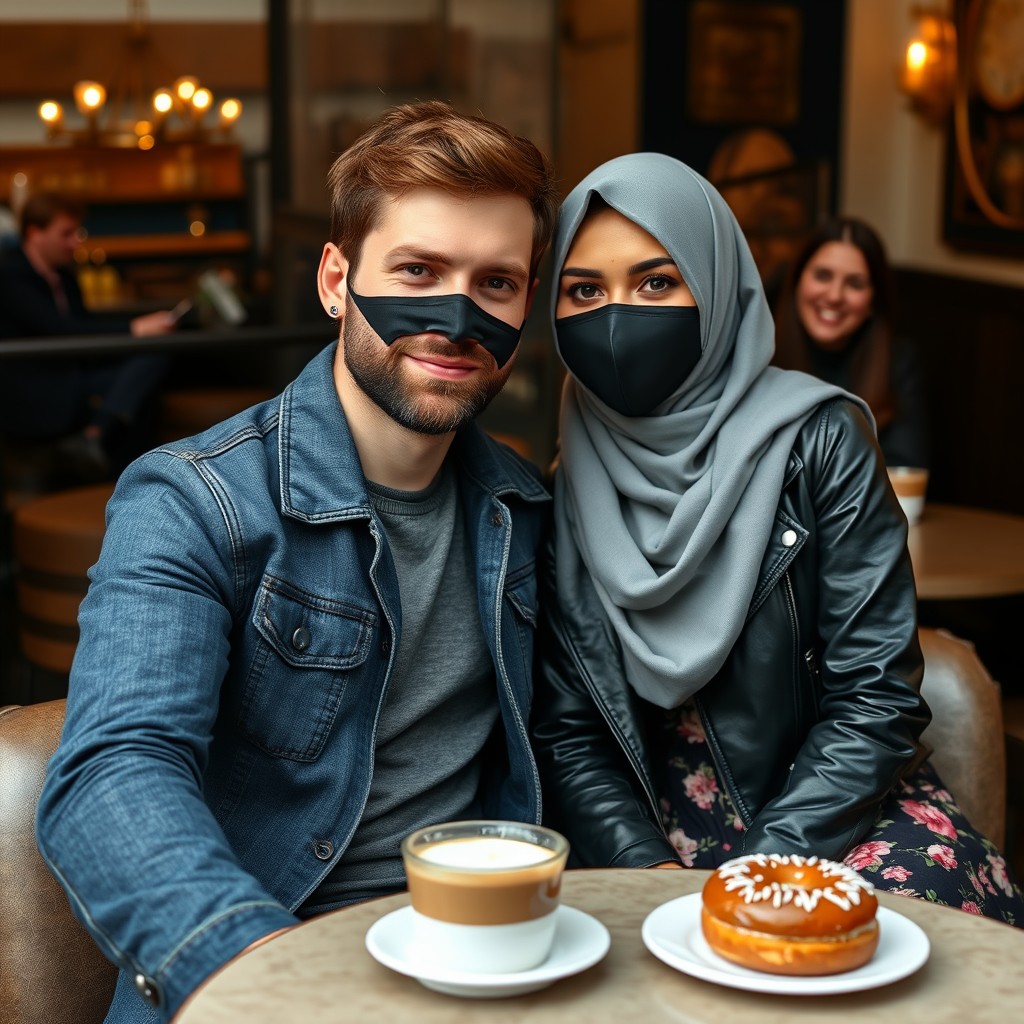 Jamie Dornan's head and body shot, handsome, young, black face mask, blue jeans jacket, jeans, dating a Muslim girl in a grey hijab with beautiful eyes, black face mask, black leather jacket, wearing the biggest floral skirt, at a café, with 2 cups of latte, muffin cake, and chocolate donut on a table, along with 3 other friends smiling in the background, photorealistic, hyper-realistic, street photography, selfie. - Image