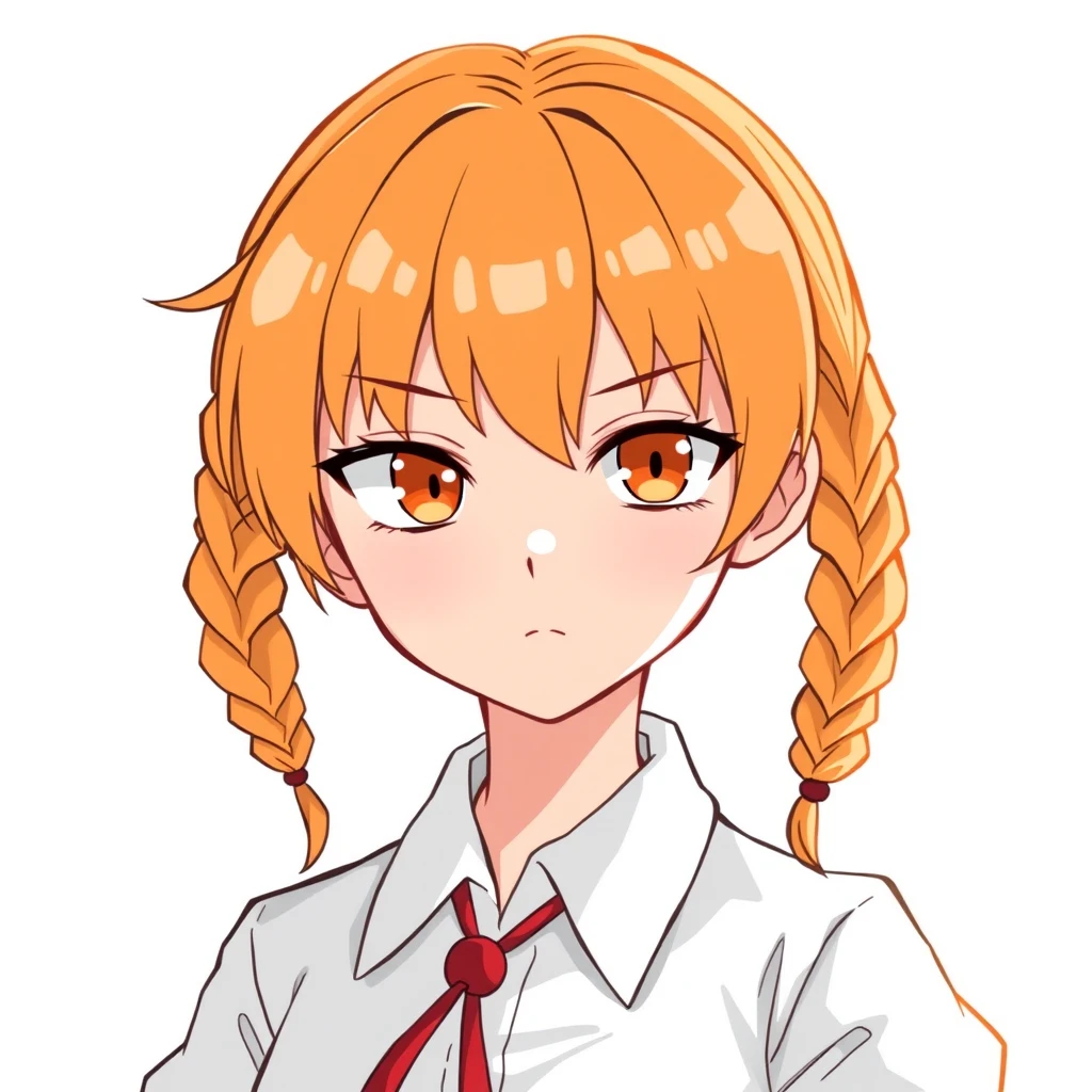 A girl in a white shirt with a small red tie and a skirt. Appearance: orange hair, braided into two small pigtails, and orange eyes with a sly look.