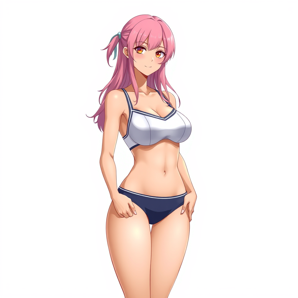 Anime art of a motherly woman, full body, pink hair, school swimsuit, detailed body, standing, white background, stunning details, trending on artstation, anime artwork, anime cel shading, detailed soft shadows.