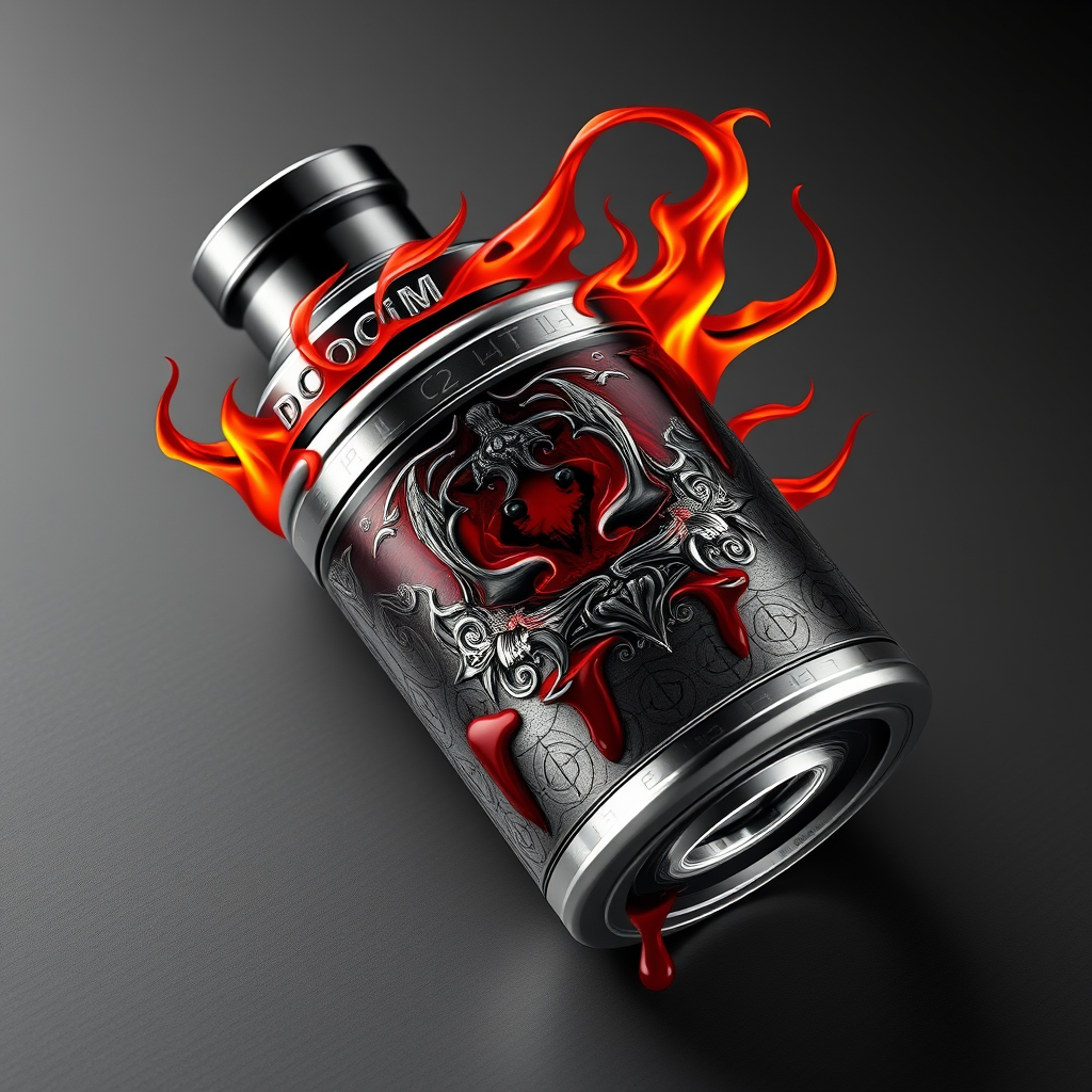 Hyper-realistic logo design for DoomVapes: Intricately detailed metallic vape tank, engraved with infernal motifs. Hellfire wisps curl around the device. Blood-red liquid seeps through cracks. Chthonic symbols etched on sleek surface. - Image