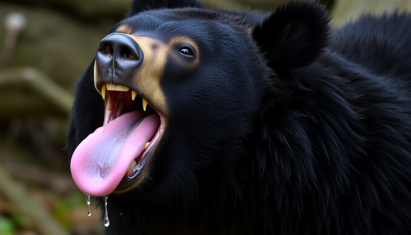 The black bear opened its mouth, revealing sharp teeth and a tongue dripping with saliva, a lot of saliva that wet its fur.