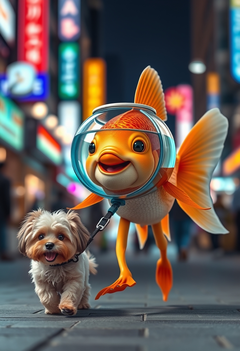 A cute happy goldfish wearing a fish bowl as a breathing mask (half filled with water) is walking a cute dog on a leash in the streets at night, surrounded by colorful city lights, happily laughing with its mouth open, a cute face, walking on fins (no legs), a fluffy dog in front, with a silly walk, ultra realistic, realism. - Image