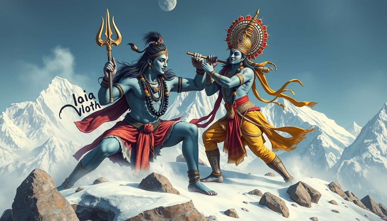 God Shiva and God Krishna, fighting, Kailash Mountain, snowy, quality, detailed.